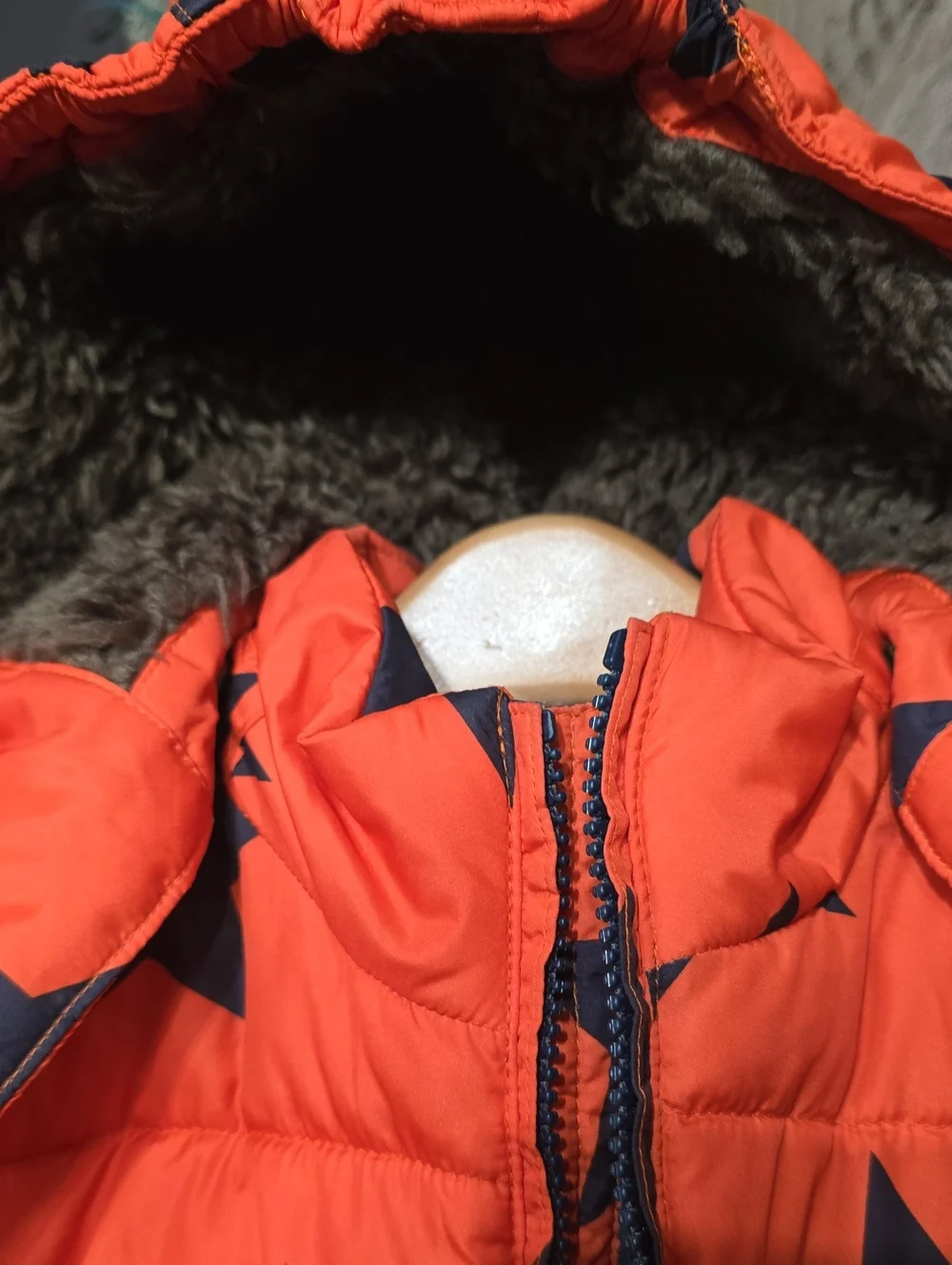 Mini Boden Orange Winter Coat Puffer Jacket with Navy Star Print 3 4